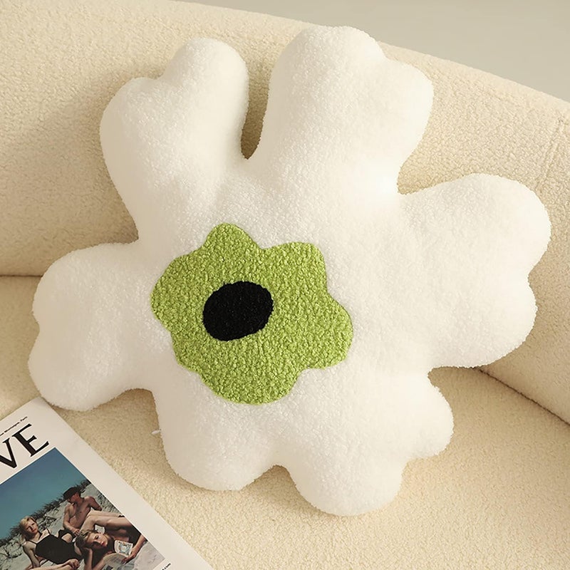 conrtems Sofa Pillow Waist Cushion Back Plush Flower Special-Shaped Pillow All-Match Girl Heart Creative Pillow. (White and Green) - Image 2